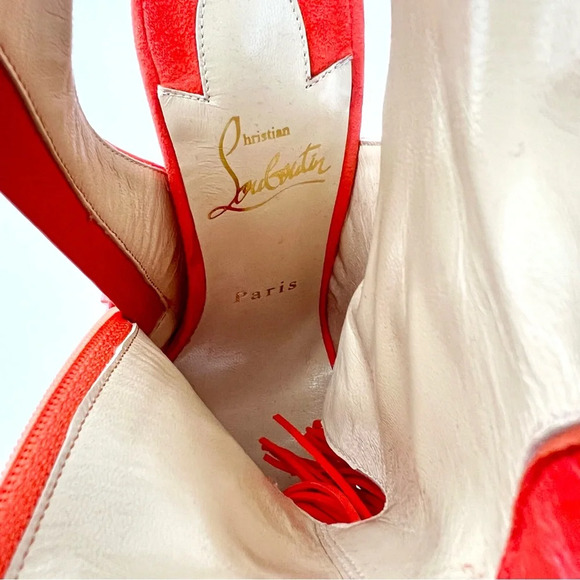 CHRISTIAN LOUBOUTIN || Fringe Peep Tassel Heels Otoka 120 Coral Suede US 7.5 - Picture 12 of 14